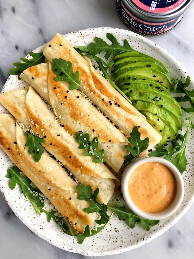 10-minute Spicy Salmon Taquitos made with all gluten-free and grain-free ingredients for a quick, easy and healthy lunch or dinner idea!