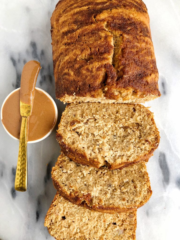 Vegan Cinnamon Roll Banana Bread mad with all gluten-free and nut-free ingredients for an easy banana bread recipe with a cinnamon roll twist!