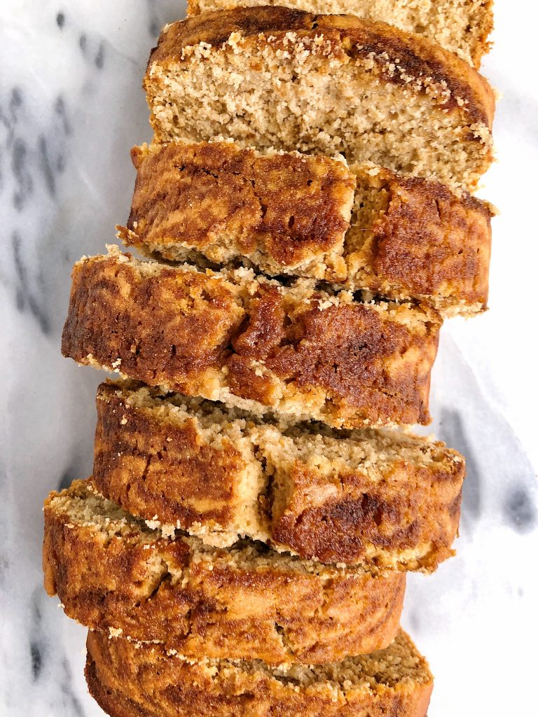 Vegan Cinnamon Roll Banana Bread mad with all gluten-free and nut-free ingredients for an easy banana bread recipe with a cinnamon roll twist!