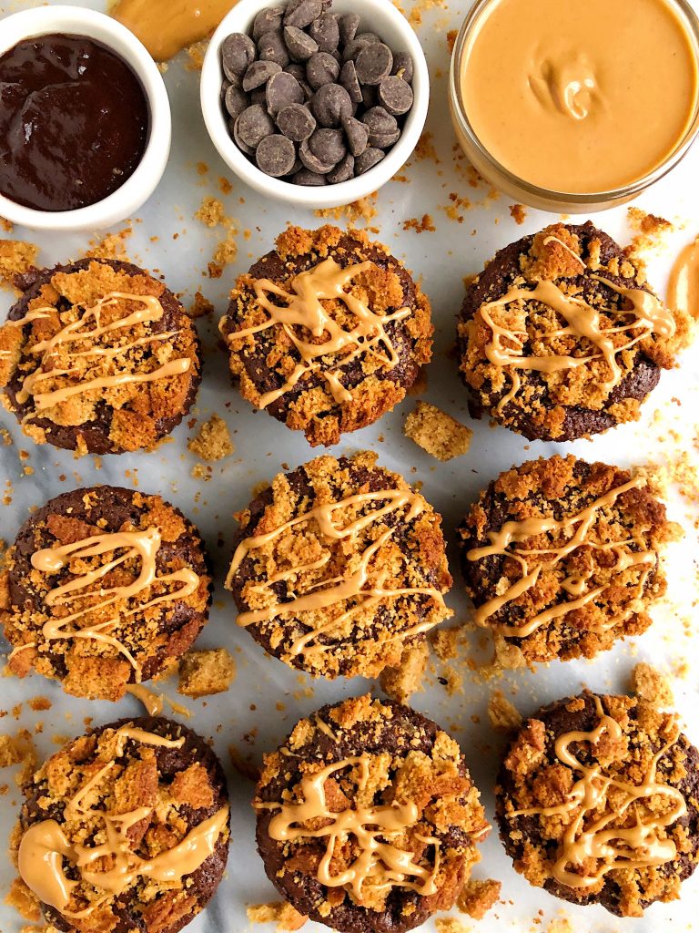 Grain-free Peanut Butter Cookie Brownies made with all gluten-free, dairy-free and refined sugar-free ingredients! These Fudgey brownie cups are topped with a crunchy peanut butter cookie topping for an extra peanut buttery flavor!