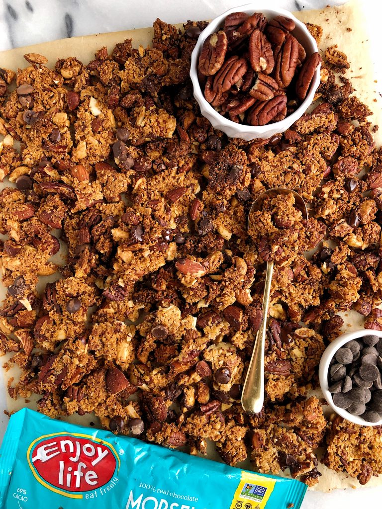 Super Chunky Grain-free Chocolate Chip Granola made with all vegan and gluten-free ingredients for an easy and healthy nut-based granola recipe!