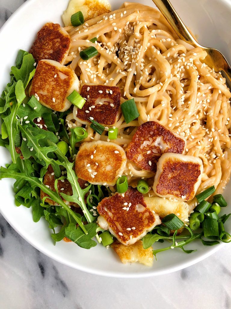Easy Sesame Peanut Tahini Noodles with Halloumi for an healthier spin on a takeout noodle bowl! Made with all gluten-free ingredients.