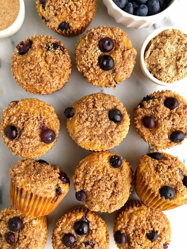 Paleo Blueberry Crumb Muffins made with gluten-free, dairy-free and grain-free ingredients for an easy and healthy crumb cake muffin!