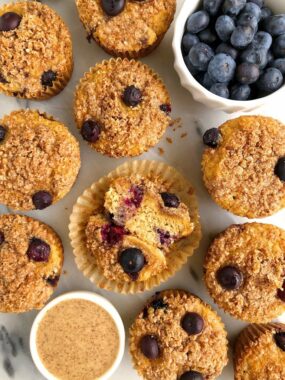 Paleo Blueberry Crumb Muffins made with gluten-free, dairy-free and grain-free ingredients for an easy and healthy crumb cake muffin!