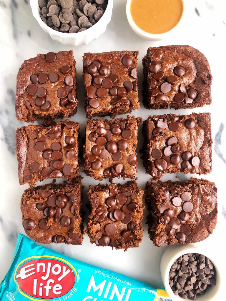 Grain-free Chocolate Chip Brownies made with almond butter, almond flour and all gluten and dairy-free ingredients and friendly for Passover!