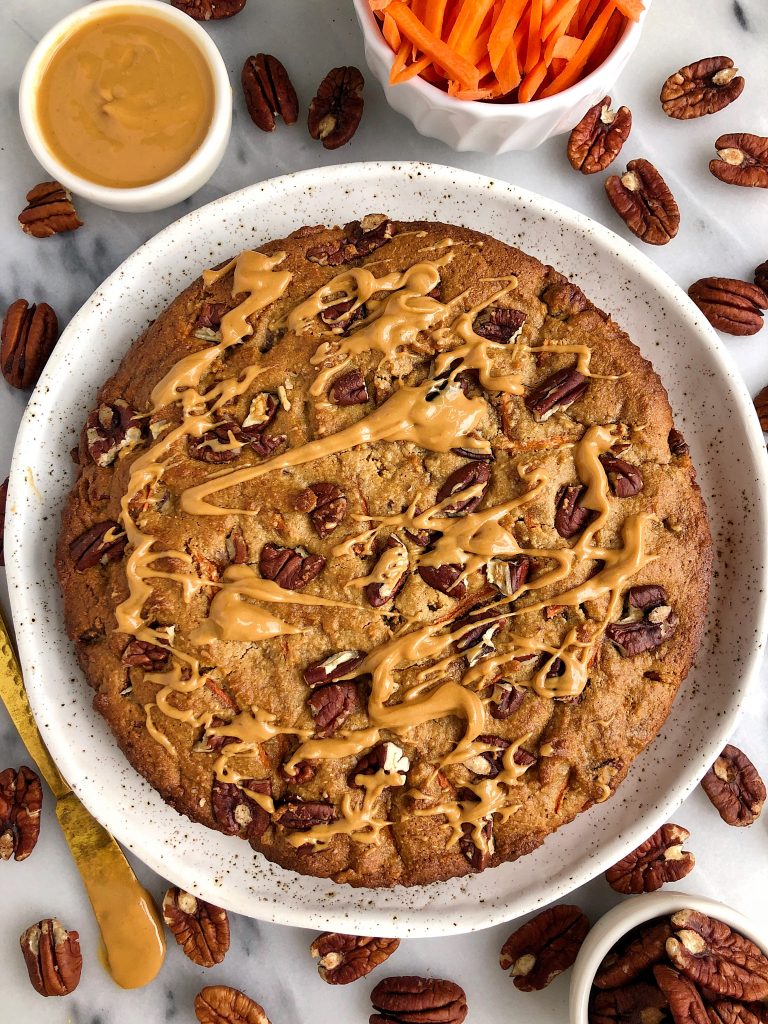 Gluten-free Pecan Carrot Cookie Cake made with less than 10 ingredients for an easy and healthy carrot cake cookie skillet recipe!