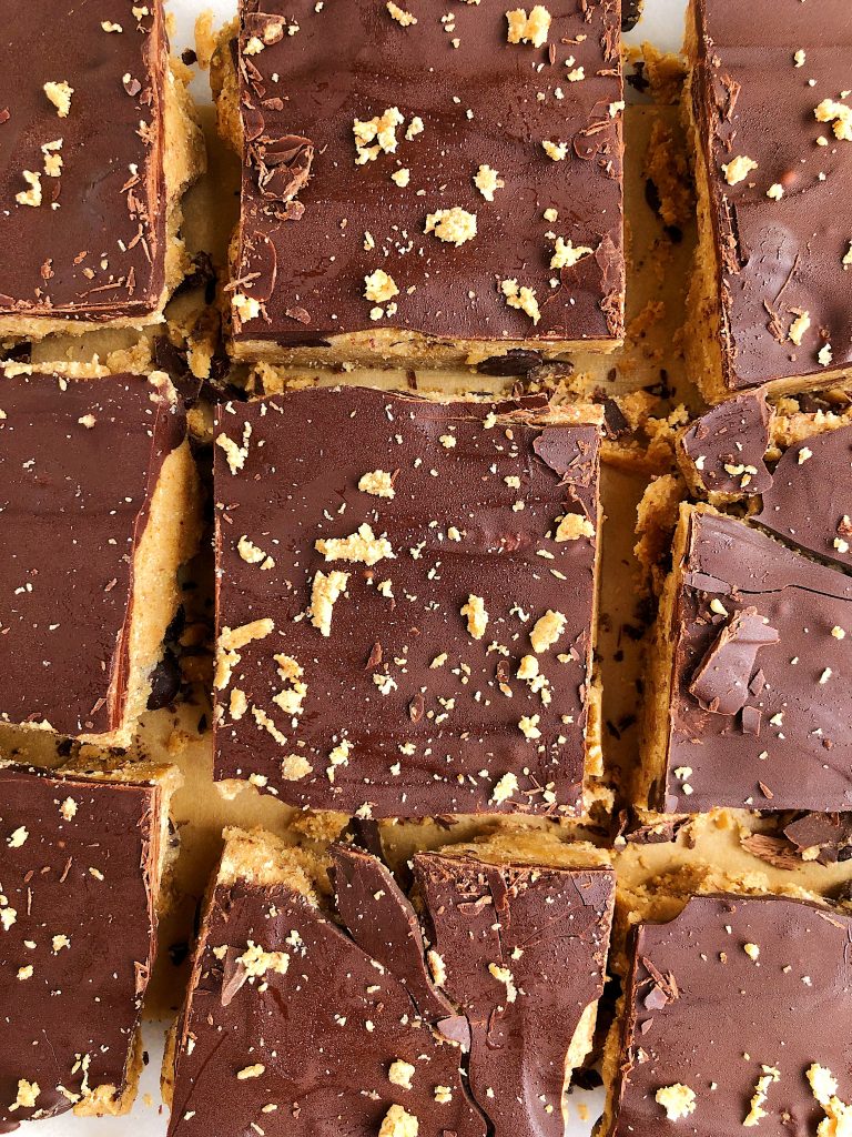 Sharing The Best Ever Dark Chocolate Cookie Dough Bars made with all nut-free, gluten-free and vegan ingredients for an easy no-bake dessert!