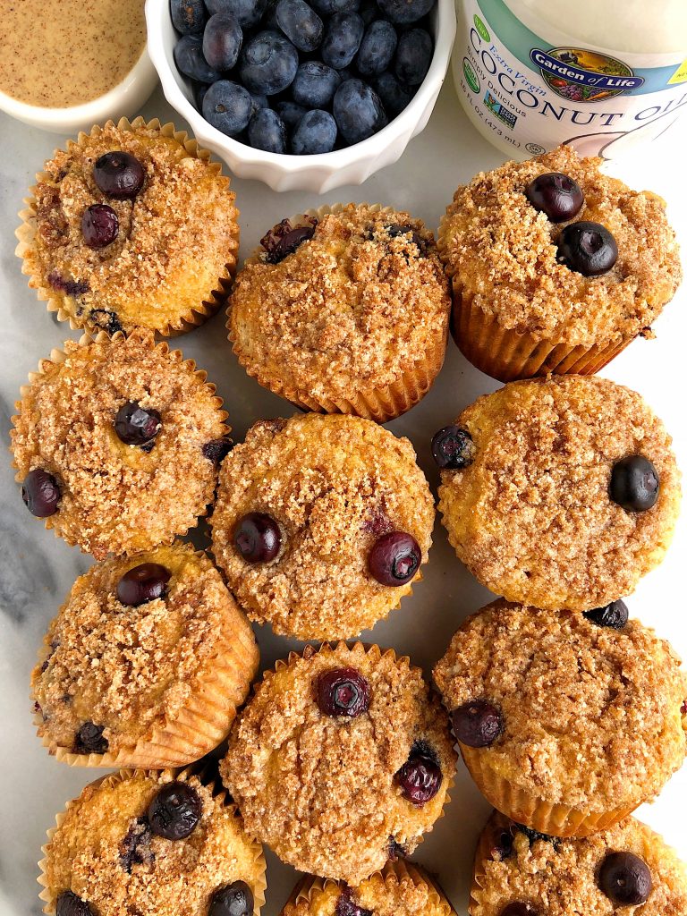 Paleo Blueberry Crumb Muffins made with gluten-free, dairy-free and grain-free ingredients for an easy and healthy crumb cake muffin!