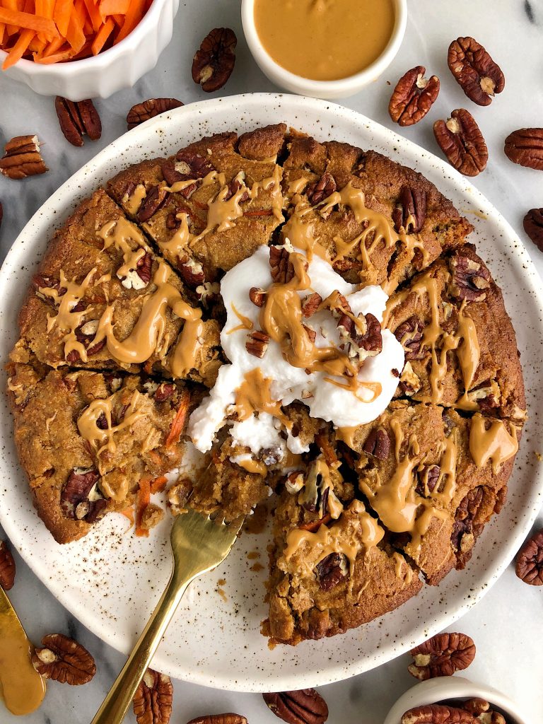 Gluten-free Pecan Carrot Cookie Cake made with less than 10 ingredients for an easy and healthy carrot cake cookie skillet recipe!