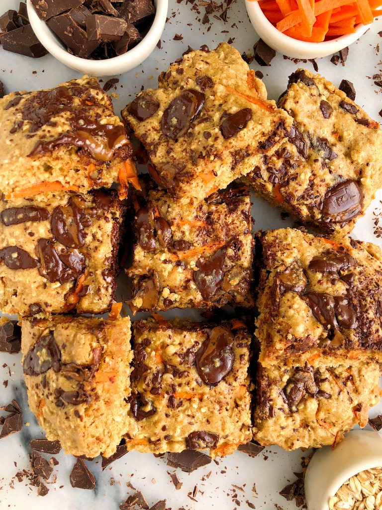 Chocolate Chunk Oatmeal Cookie Carrot Cake Bars made with gluten-free and dairy-free ingredients for a twist on oatmeal cookies and carrot cake!
