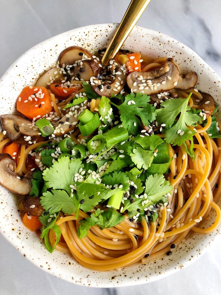 A warm and nourishing Ginger Bone Broth Noodle Bowl made for two with all gluten-free, dairy-free and wholesome ingredients for an easy and healthy soup!