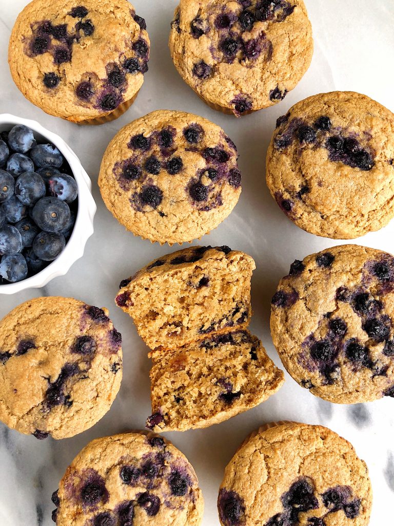 Gluten-free Bakery-Style Blueberry Muffins made with all nut-free and egg-free ingredients for an easy and healthy blueberry muffin recipe!