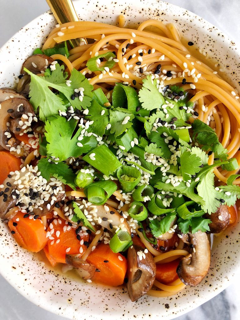 A warm and nourishing Ginger Bone Broth Noodle Bowl made for two with all gluten-free, dairy-free and wholesome ingredients for an easy and healthy soup!