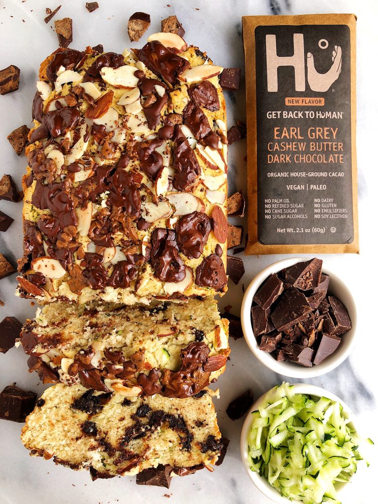 Paleo Chocolate Chunk Zucchini Bread made with gluten-free ingredients like almond flour, coconut flour and coconut sugar-sweetened dark chocolate!