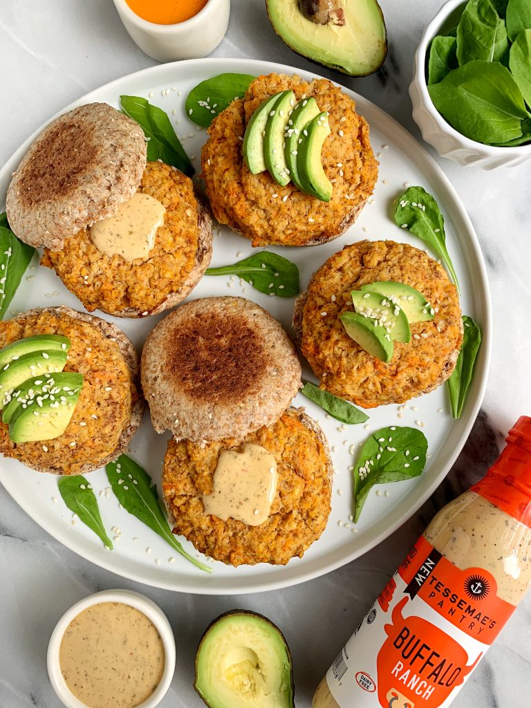 Buffalo Sweet Potato Veggie Burgers made with grain-free, gluten-free and dairy-free ingredients plus they are Whole30-friendly!