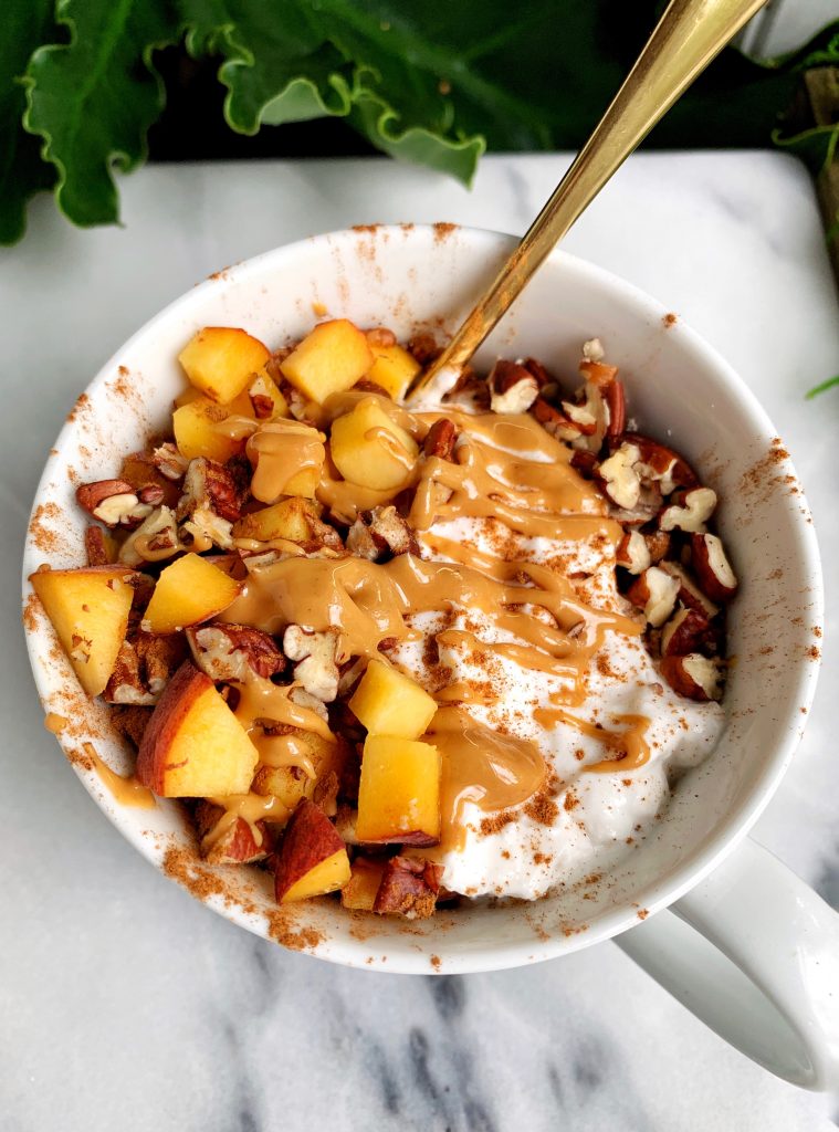 Sharing my 3-minute Paleo Peach Crisp For One made with all gluten-free and vegan ingredients for the an easy and healthy peach crisp recipe!