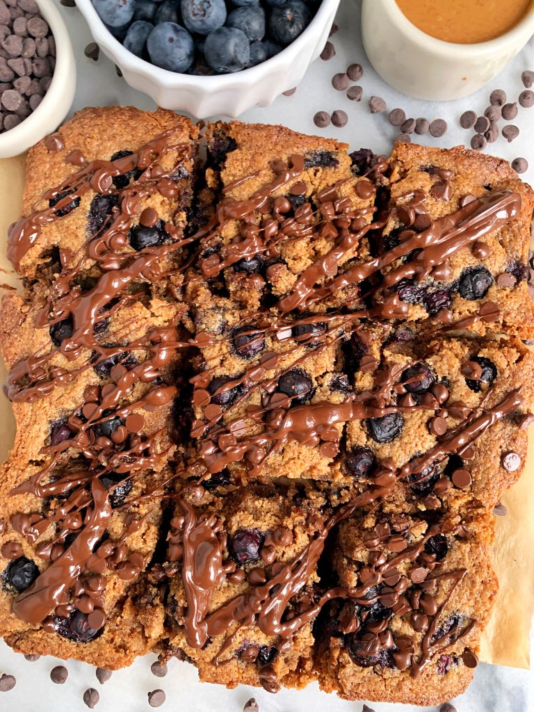 Vegan Blueberry Chocolate Chip Cookie Dough Bars made with gluten-free and grain-free ingredients for an easy and healthy cookie bar recipe!