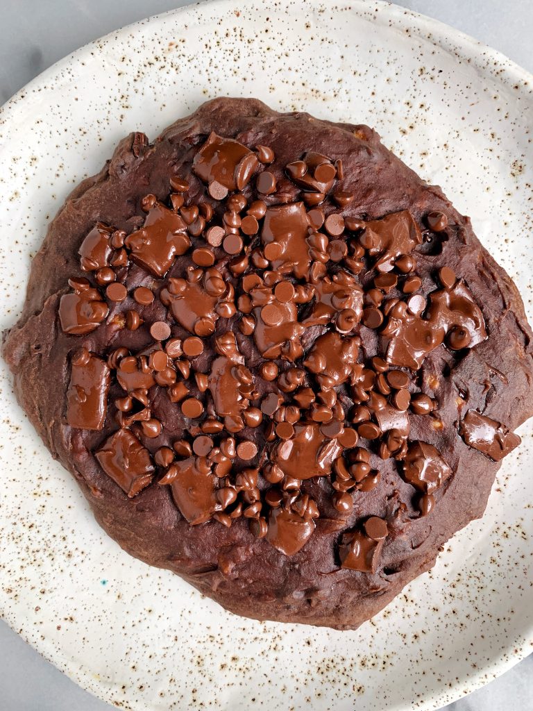 One Giant Fudgy Chocolate Chip Brownie Cookie made with all gluten-free, dairy-free ingredients for a low sugar easy dessert!