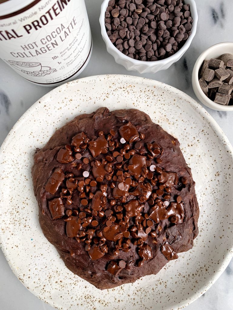 One Giant Fudgy Chocolate Chip Brownie Cookie made with all gluten-free, dairy-free ingredients for a low sugar easy dessert!
