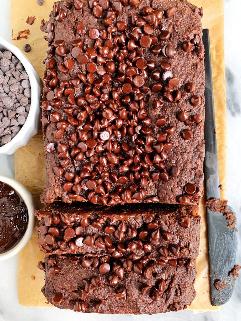 Paleo Double Chocolate Chip Banana Bread made with all vegan and gluten-free ingredients for an easy and healthier chocolatey banana bread recipe!