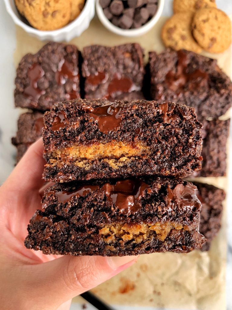The Best Chocolate Chip Cookie Stuffed Brownies made with all gluten-free and vegan ingredients for a healthy and easy dessert!