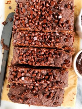 Paleo Double Chocolate Chip Banana Bread made with all vegan and gluten-free ingredients for an easy and healthier chocolatey banana bread recipe!
