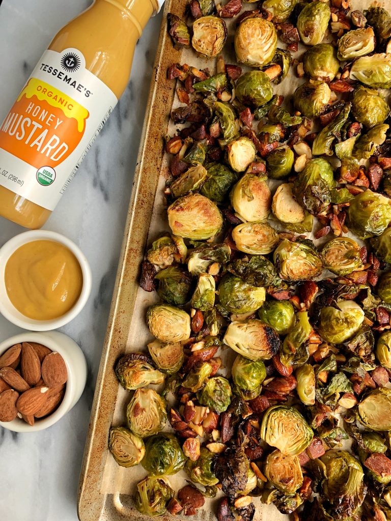 Easy Honey Mustard Brussels Sprouts with Toasted Almonds for a delicious and healthy brussels sprouts recipe!