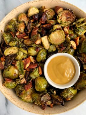 Easy Honey Mustard Brussels Sprouts with Toasted Almonds for a delicious and healthy brussels sprouts recipe!