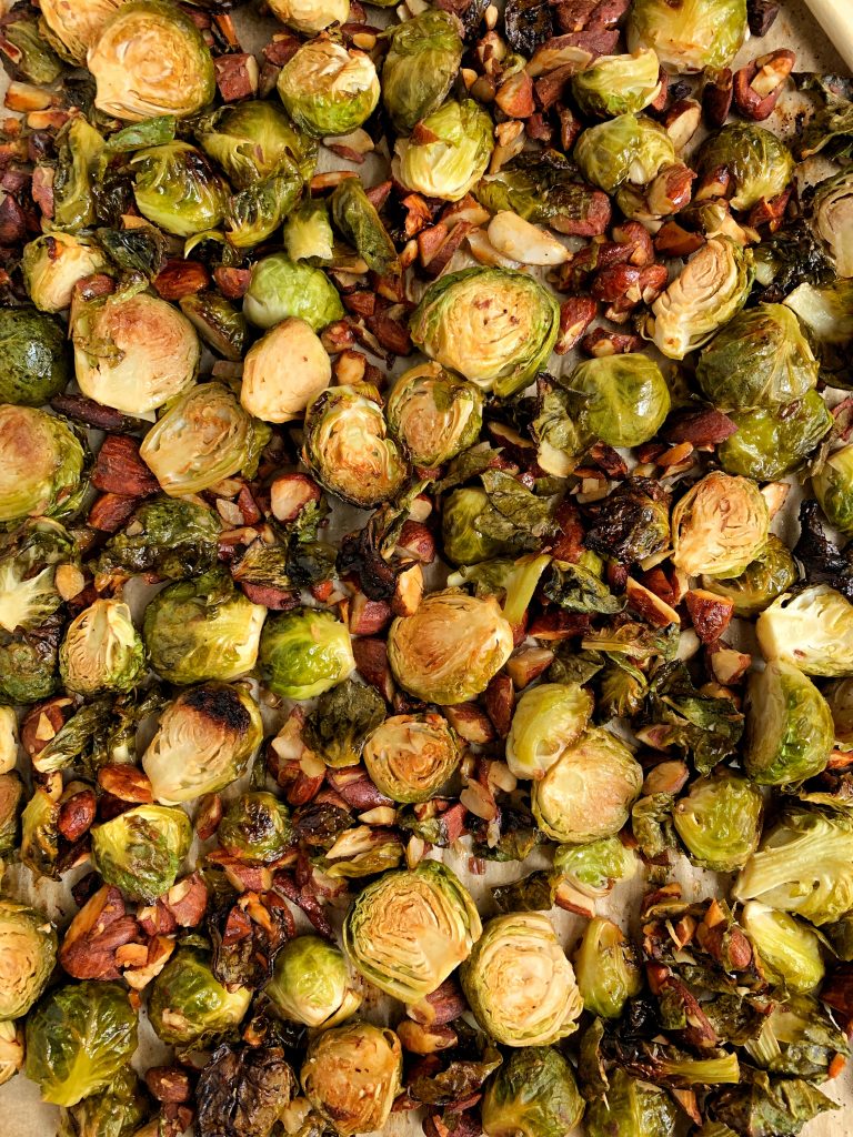 Easy Honey Mustard Brussels Sprouts with Toasted Almonds for a delicious and healthy brussels sprouts recipe!