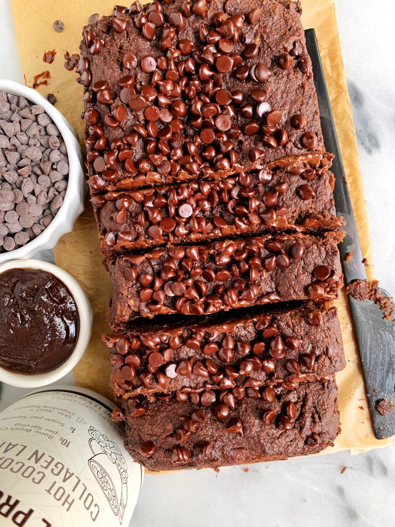 Paleo Double Chocolate Chip Banana Bread made with all vegan and gluten-free ingredients for an easy and healthier chocolatey banana bread recipe!