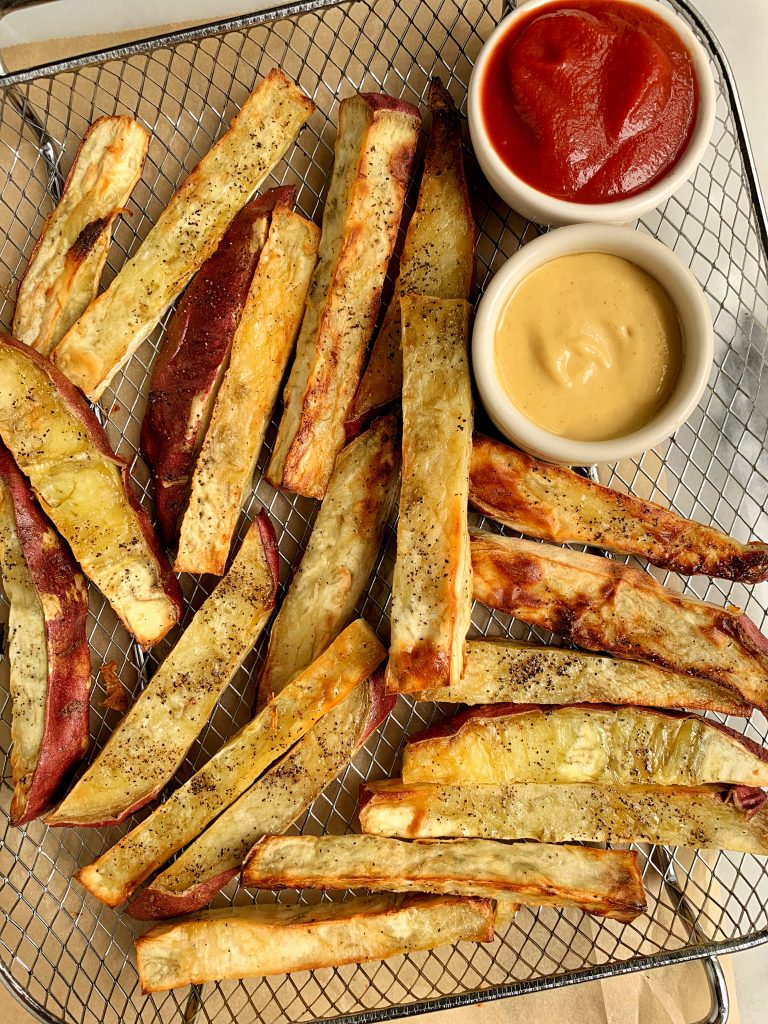 My Favorite Air Fryer Japanese Sweet Potato Fries made with avocado oil, black pepper, sea salt in my air fryer (with oven option too!)