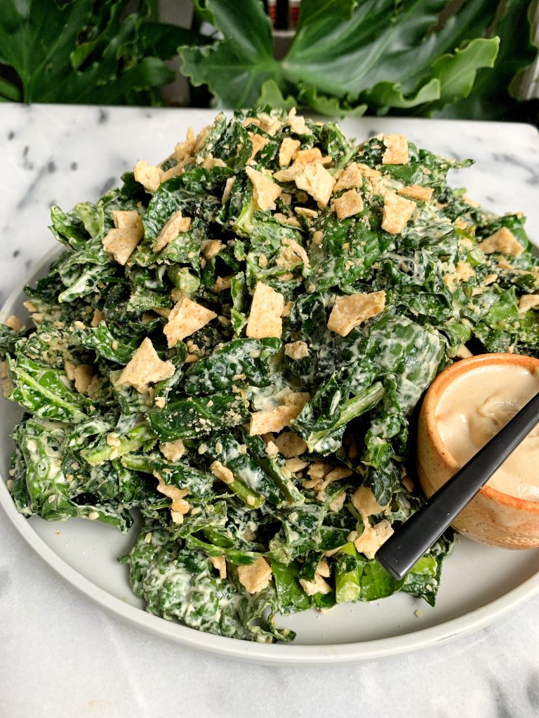 The Best Vegan Creamy Tahini Caesar Salad made an easy 5-ingredient caesar dressing and tossed with delicious gluten-free breadcrumbs!