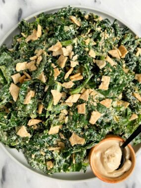 The Best Vegan Creamy Tahini Caesar Salad made an easy 5-ingredient caesar dressing and tossed with delicious gluten-free breadcrumbs!