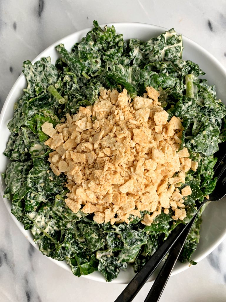 The Best Vegan Creamy Tahini Caesar Salad made an easy 5-ingredient caesar dressing and tossed with delicious gluten-free breadcrumbs!