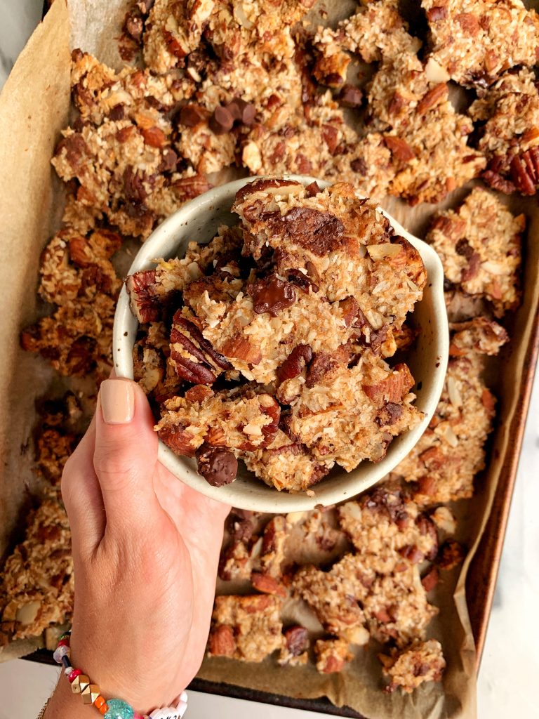 The Best Chewy Banana Bread Granola with Clusters made with all grain-free and refined sugar-free ingredients!