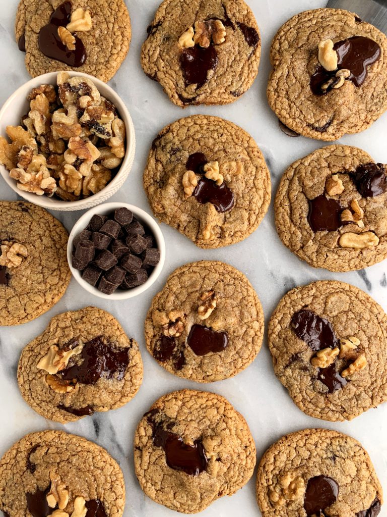 The BEST Classic Chocolate Chip Walnut Cookies made with all gluten-free ingredients, no refined sugars and made with only a few key ingredients.