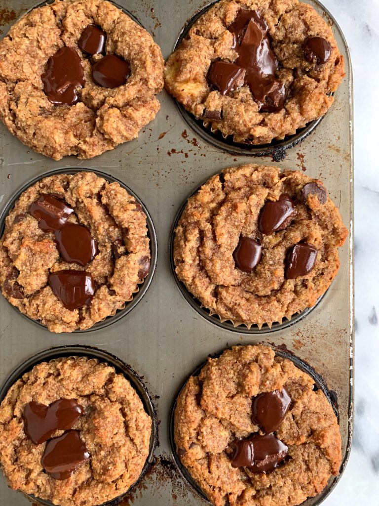 These Paleo Chocolate Chip Banana Muffins are my favorite healthy muffin recipe! They are vegan, gluten-free and made with ingredients like almond flour, sweetened with coconut sugar.