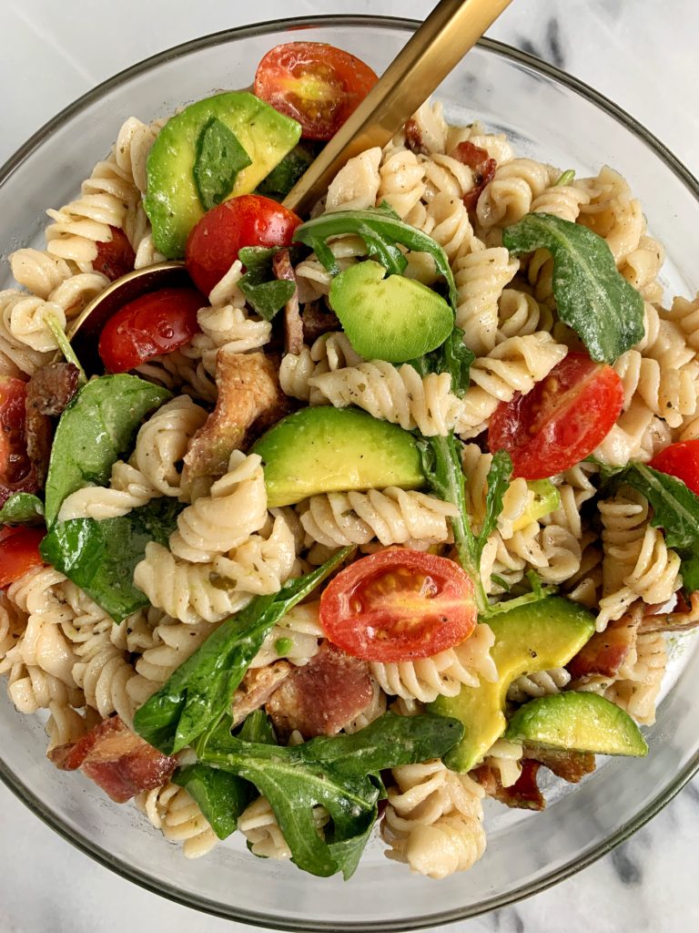 The Easiest Healthy BLT Pasta Salad made with all gluten-free ingredients. The perfect side dish for a BBQ or to enjoy as the main course for a lighter meal.