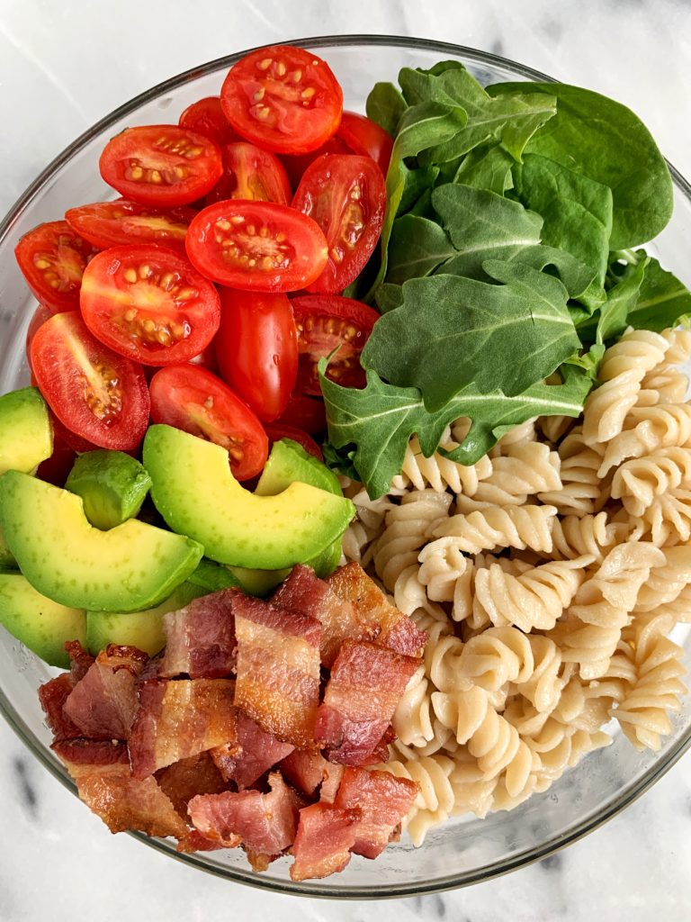 The Easiest Healthy BLT Pasta Salad made with all gluten-free ingredients. The perfect side dish for a BBQ or to enjoy as the main course for a lighter meal.