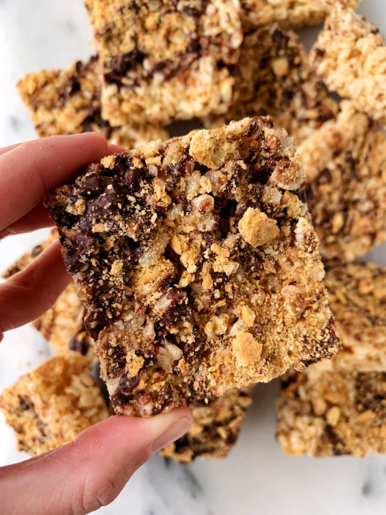 Gluten-free S'mores Rice Krispie Treats made with healthier ingredients like organic brown rice crisps, homemade graham crackers, homemade marshmallows, and dark chocolate.