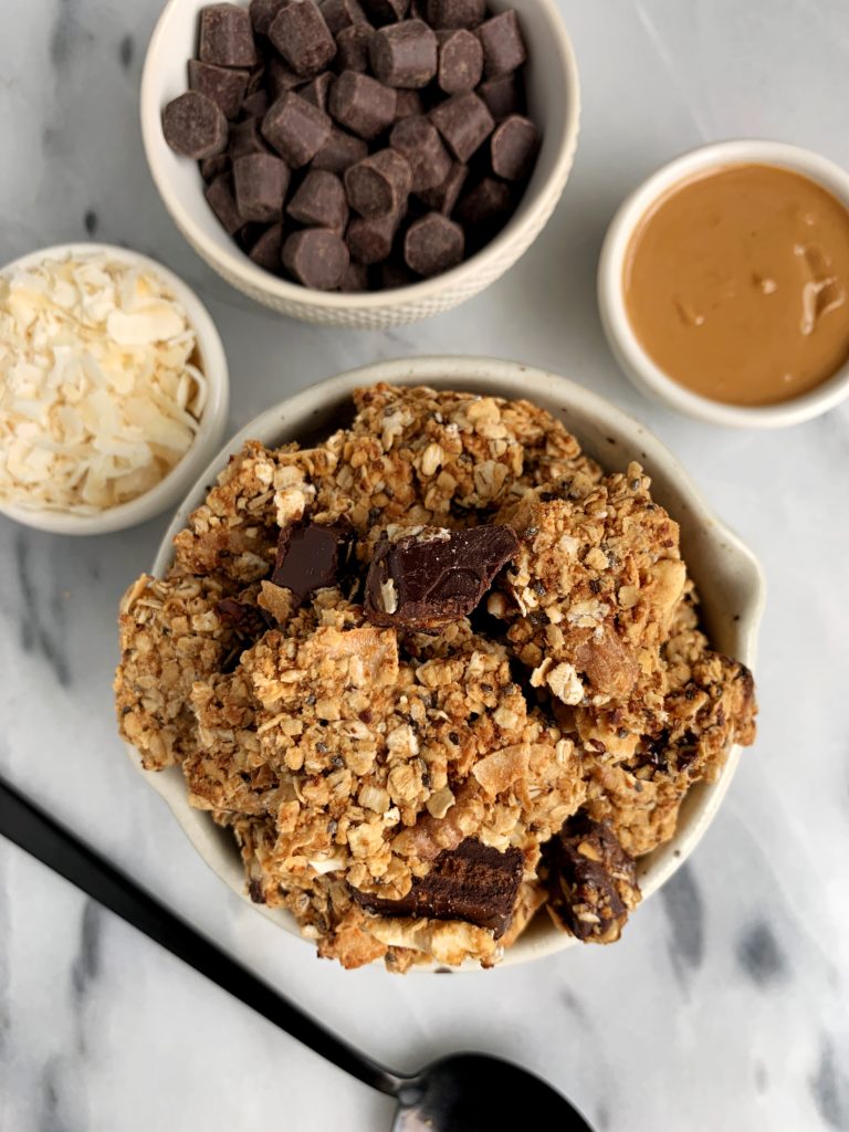 Healthy Vegan Peanut Butter Cup Granola with extra clusters! The easiest homemade granola lightly sweetened and with the best chunks. Made with healthy ingredients like rolled oats, nuts, seeds, creamy peanut butter.