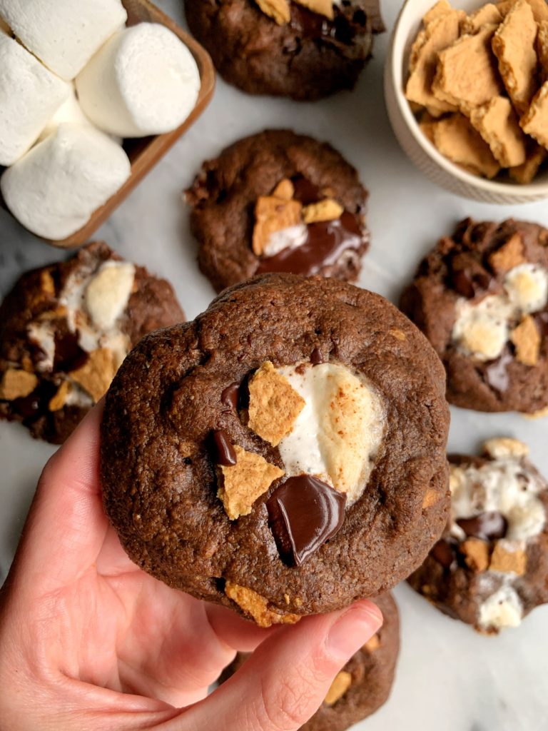 The BEST Healthier S'mores Cookies made only 6 ingredients, no flour needed! The perfect summery dessert to bake for any occasion. Plus these cookies are gluten-free and dairy free-friendly!