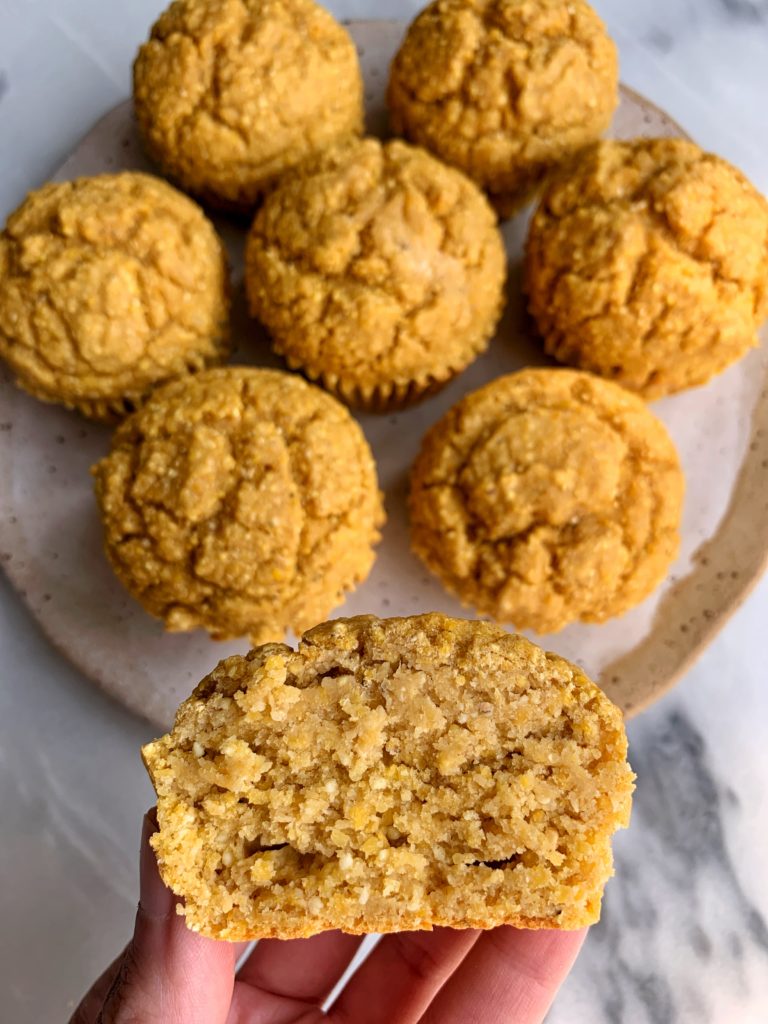Deliciously Healthy Pumpkin Corn Muffins made with all gluten-free ingredients. Just a little sweet and made with all dairy-free and nut-free ingredients. Such a yummy fall twist to a classic corn muffin!