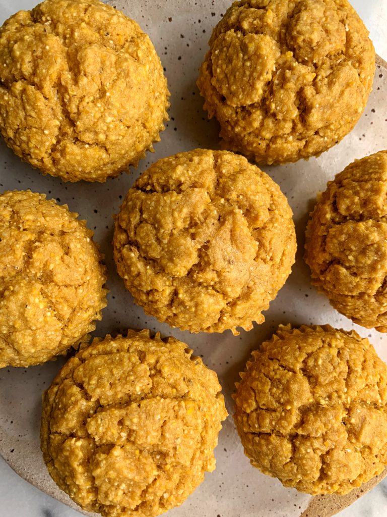 Deliciously Healthy Pumpkin Corn Muffins made with all gluten-free ingredients. Just a little sweet and made with all dairy-free and nut-free ingredients. Such a yummy fall twist to a classic corn muffin!