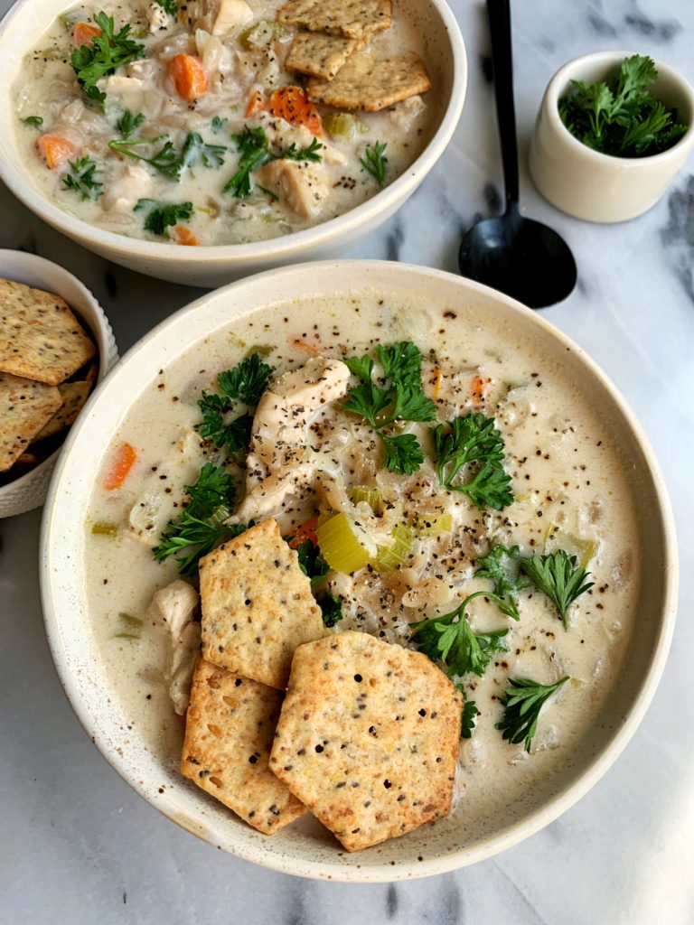 Delicious Paleo Creamy Chicken and Rice Soup made with all gluten-free, dairy-free and Whole30-friendly ingredients. Truly such a cozy, comforting and healthy soup recipe to make that the whole family will love.