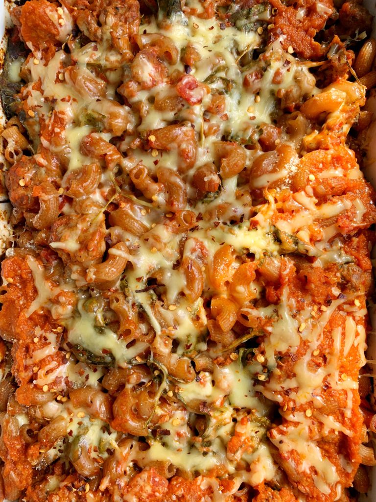 This Gluten-free No-Boil Pumpkin and Spinach Baked Pasta is a dream meal. Takes little to no effort to prepare and all you need is a large baking dish to make it. Such an easy and healthy meal for the whole family.