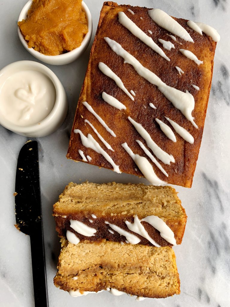 The Dreamiest Paleo Pumpkin Cinnamon Roll Bread made with all gluten-free and dairy-free ingredients. The ultimate cinnamon spiced fall bread recipe made with all healthier ingredients and super easy to make.