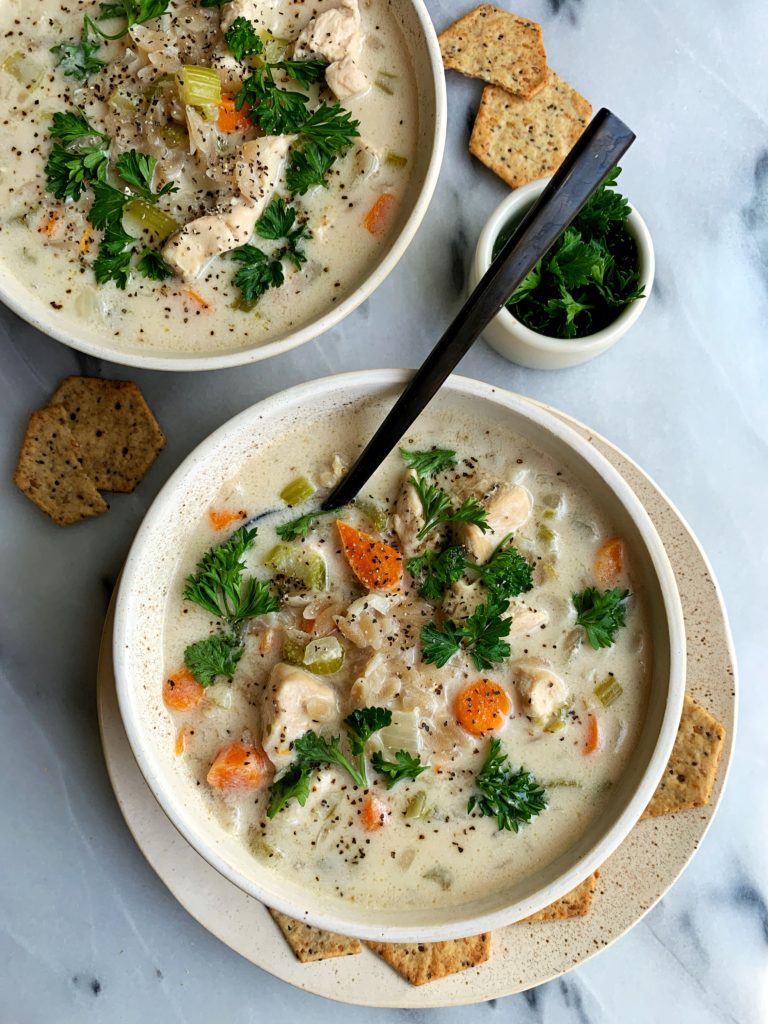 Delicious Paleo Creamy Chicken and Rice Soup made with all gluten-free, dairy-free and Whole30-friendly ingredients. Truly such a cozy, comforting and healthy soup recipe to make that the whole family will love.