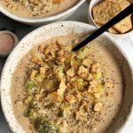 The Best Vegan Broccoli + Cheddar Soup made with all healthy ingredients for a delicious gluten-free, Whole30 and easy soup recipe to make!