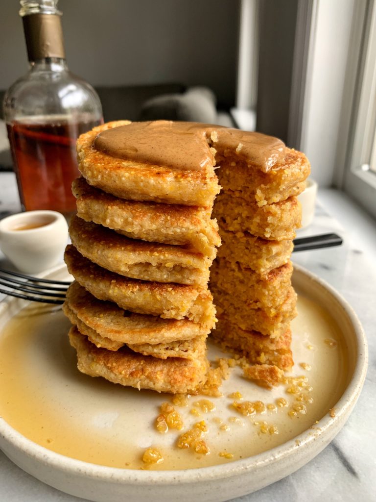Homemade Gluten-free Cornbread Pancakes made with 6 healthy ingredients and ready in just 10 minutes. A delicious nut-free breakfast stack for all the cornbread lovers out there.